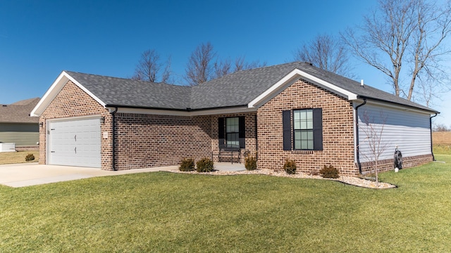 single story home featuring a garage and a front lawn