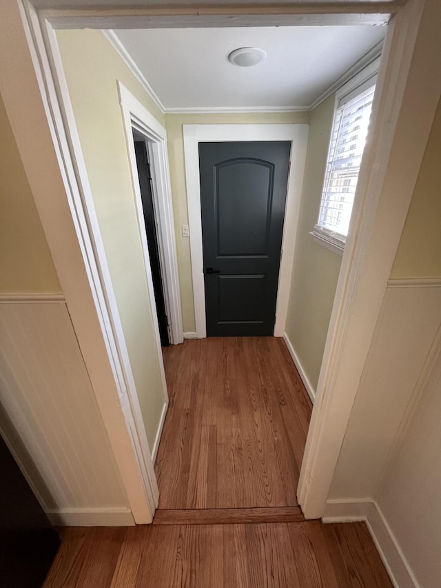 hall featuring hardwood / wood-style floors and ornamental molding