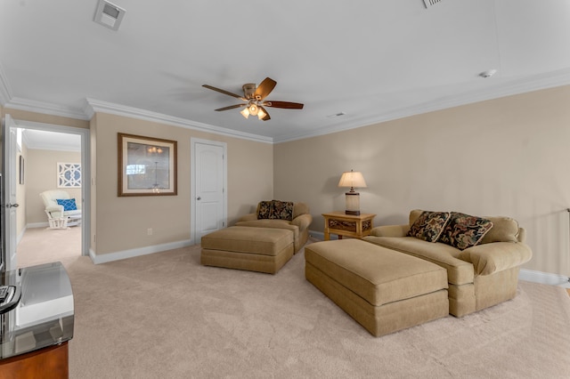 living room featuring crown molding, light colored carpet, and ceiling fan