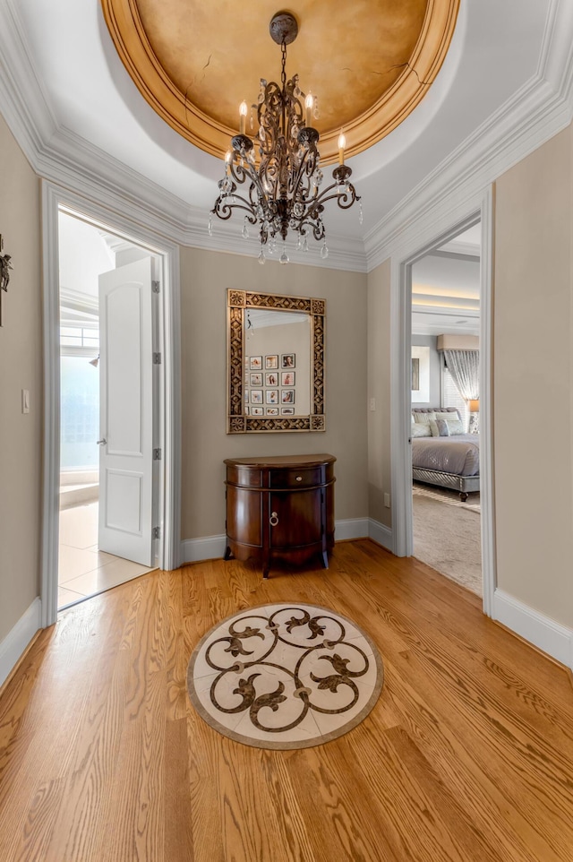 hallway with hardwood / wood-style flooring, ornamental molding, and a raised ceiling