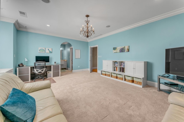 living room with crown molding, light colored carpet, and an inviting chandelier