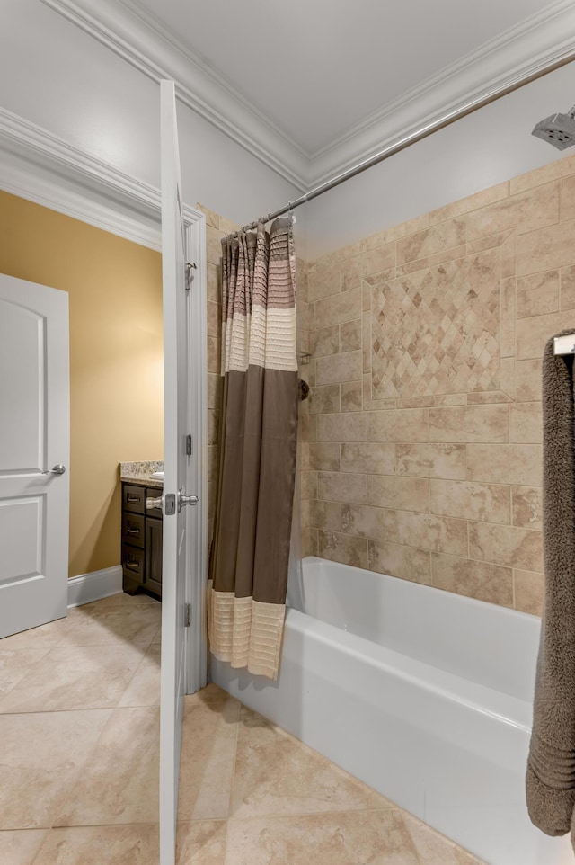 bathroom featuring crown molding, shower / bath combination with curtain, tile patterned floors, and vanity