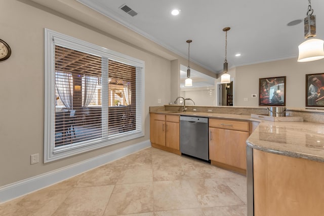 kitchen featuring hanging light fixtures, dishwasher, sink, and light brown cabinetry