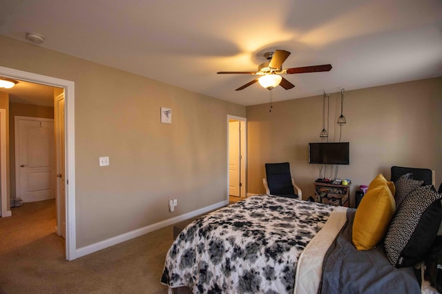 bedroom featuring ceiling fan and carpet