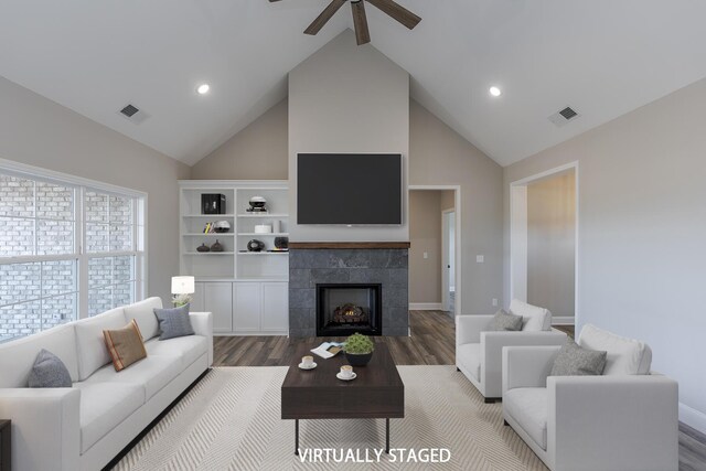 unfurnished living room with baseboards, a fireplace, visible vents, and dark wood-type flooring