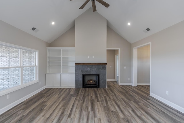 100 Zane Ln, Nicholasville, KY 40356 - unfurnished living room featuring dark wood-style flooring, a ceiling fan, high vaulted ceiling, and visible vents