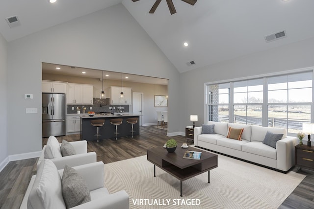 100 Zane Ln, Nicholasville, KY 40356 - living room featuring high vaulted ceiling, ceiling fan, baseboards, and visible vents