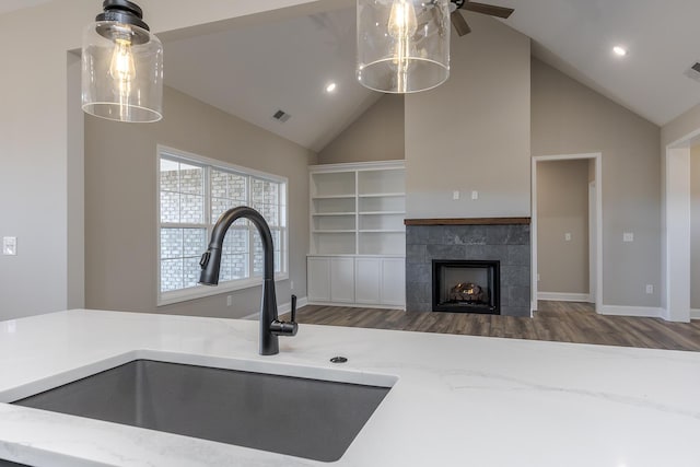 100 Zane Ln, Nicholasville, KY 40356 - kitchen with visible vents, wood finished floors, a sink, high vaulted ceiling, and light stone counters