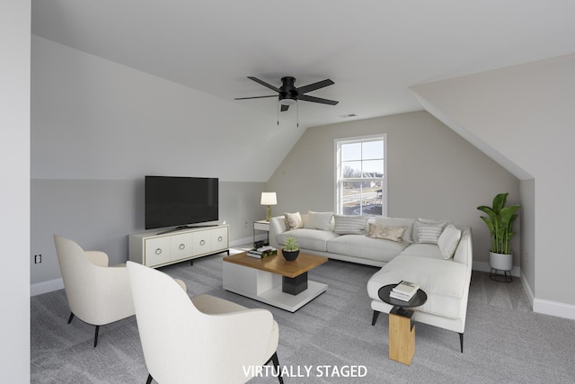 100 Zane Ln, Nicholasville, KY 40356 - carpeted living room with baseboards, ceiling fan, and vaulted ceiling