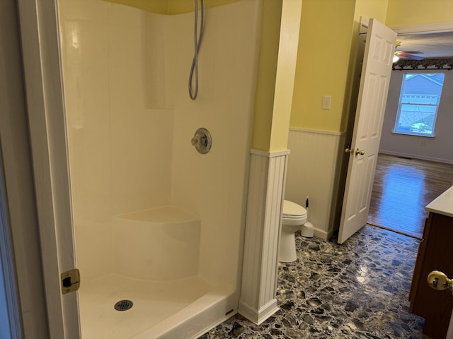 bathroom featuring toilet, vanity, and walk in shower