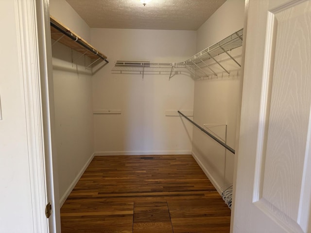 walk in closet with dark hardwood / wood-style floors