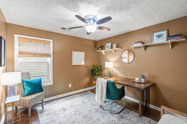 home office featuring hardwood / wood-style flooring, a textured ceiling, and ceiling fan