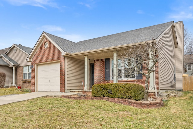 ranch-style home featuring a garage and a front yard