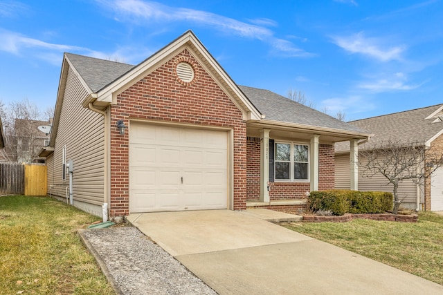 ranch-style home with a garage and a front lawn