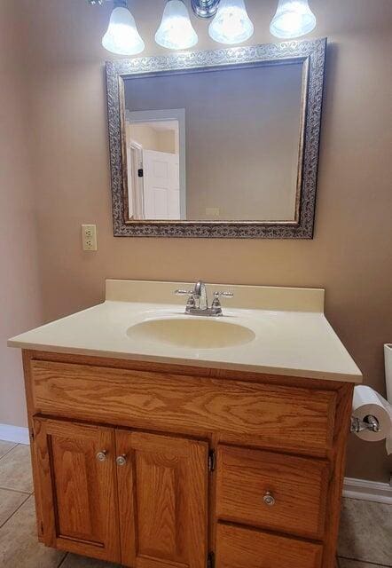 bathroom with tile patterned floors, vanity, and toilet