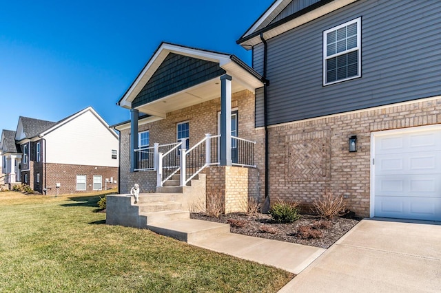 exterior space featuring brick siding, a porch, board and batten siding, a front yard, and a garage