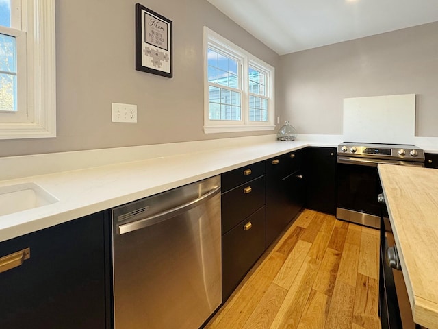 kitchen with wooden counters, light hardwood / wood-style flooring, stainless steel appliances, and sink