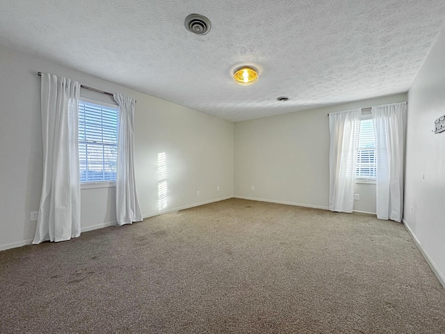 spare room featuring carpet flooring, a textured ceiling, and a healthy amount of sunlight