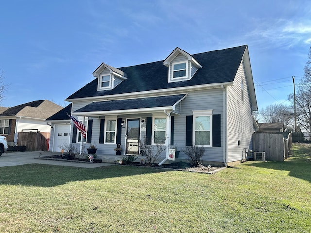 cape cod-style house featuring central AC unit, a garage, a front yard, and a porch