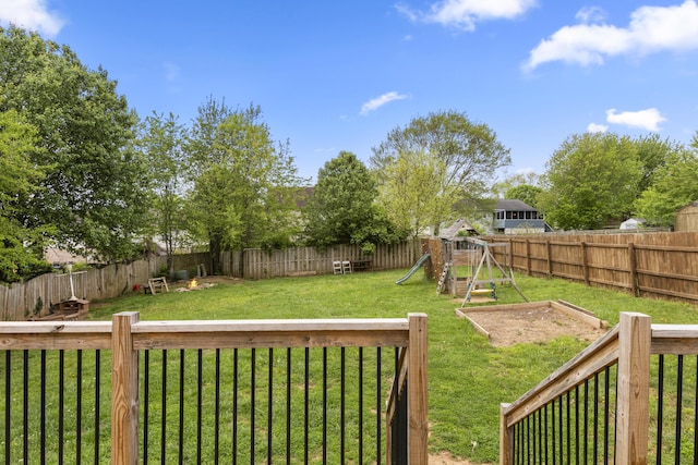 view of yard featuring a fenced backyard and a playground