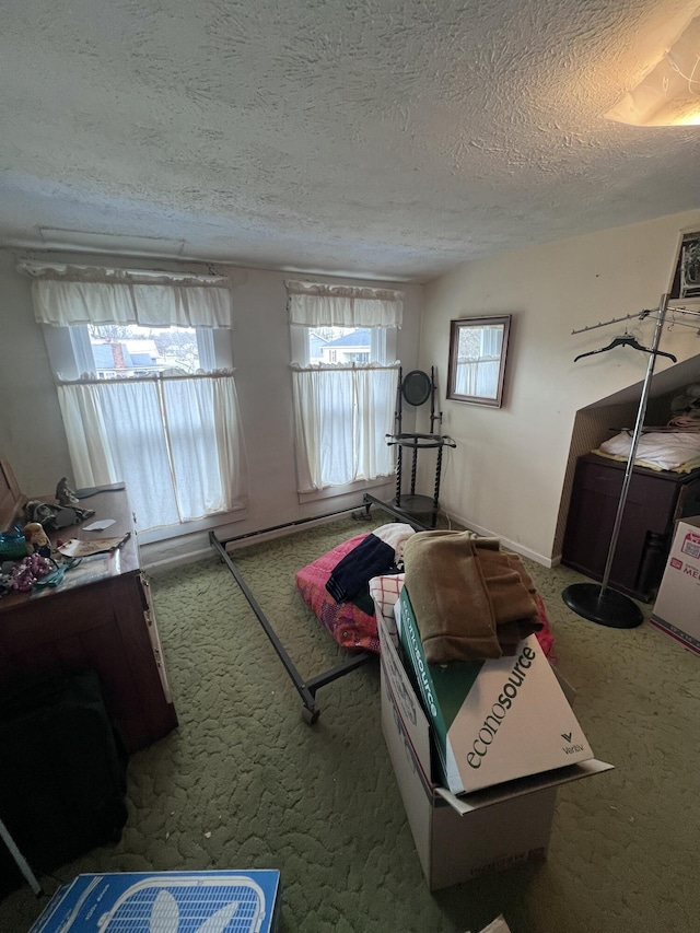 workout room with carpet flooring and a textured ceiling