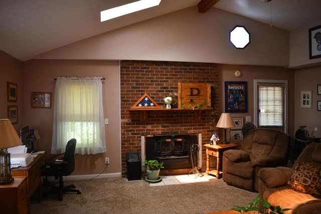 living room featuring vaulted ceiling with beams, light carpet, and a fireplace