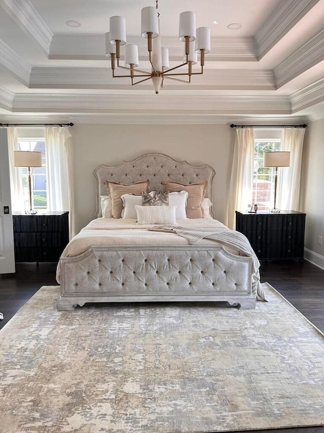 unfurnished bedroom with dark hardwood / wood-style floors, a raised ceiling, and multiple windows