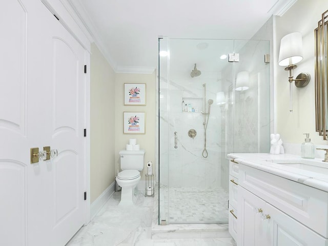 bathroom with crown molding, vanity, toilet, and a shower with door