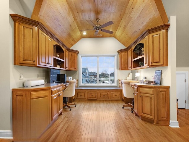 office space with lofted ceiling, built in desk, light hardwood / wood-style floors, and wooden ceiling