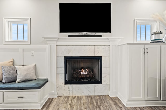 details with hardwood / wood-style floors and a tile fireplace