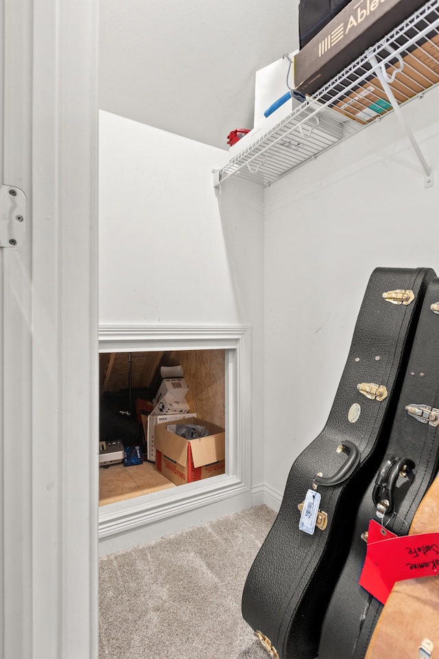 walk in closet with carpet floors