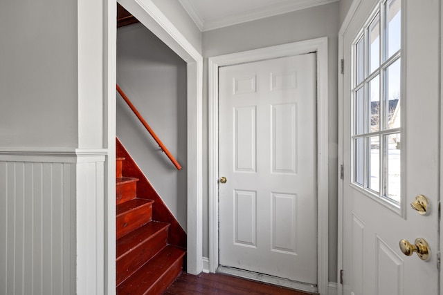 doorway with ornamental molding and dark hardwood / wood-style floors