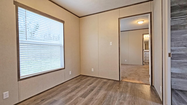 spare room featuring crown molding and wood-type flooring