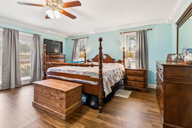 bedroom featuring ceiling fan, ornamental molding, dark hardwood / wood-style floors, and multiple windows