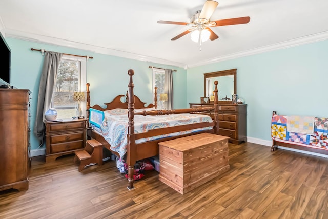 bedroom with wood-type flooring, ornamental molding, and ceiling fan