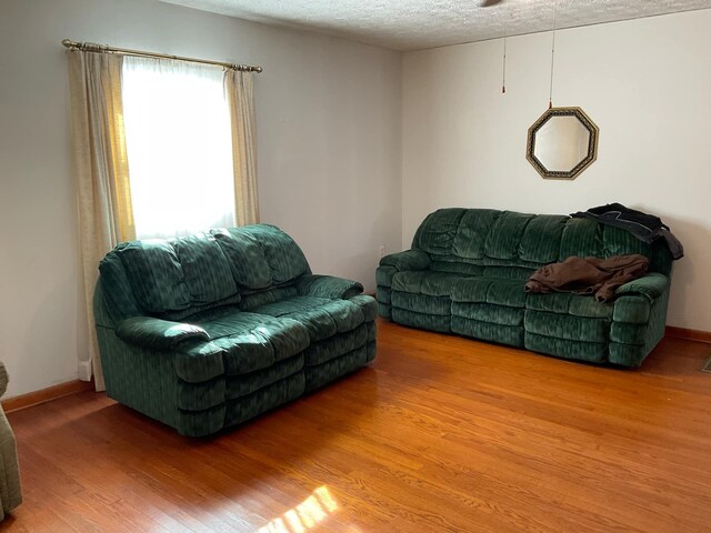 living area featuring a textured ceiling, baseboards, and wood finished floors
