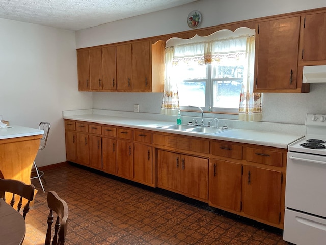 kitchen with white electric stove, light countertops, under cabinet range hood, and a sink