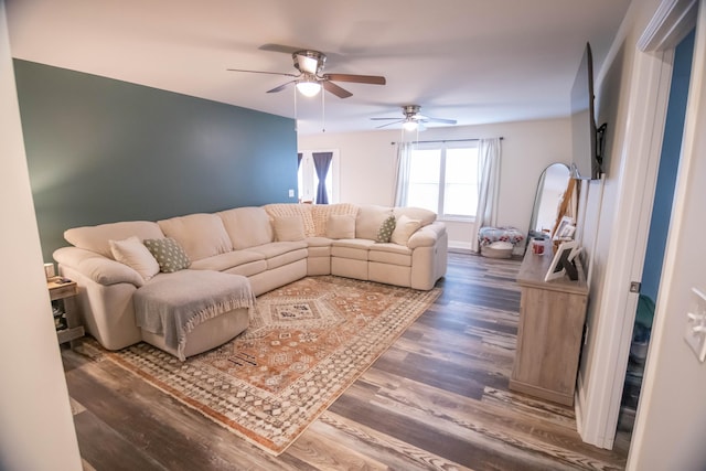 living room with dark wood-type flooring and ceiling fan