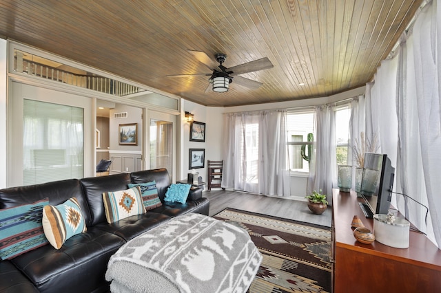 living room featuring wood-type flooring, ceiling fan, and wood ceiling