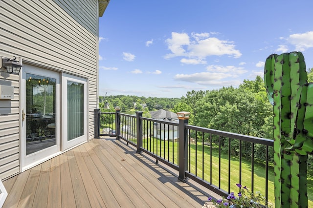 wooden terrace with a lawn