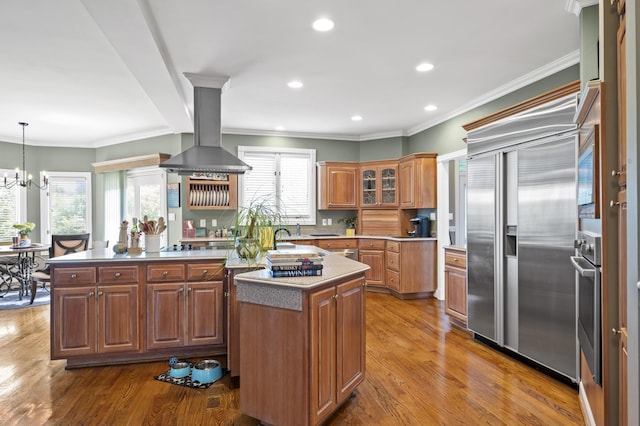 kitchen with hardwood / wood-style flooring, stainless steel appliances, island range hood, a kitchen island, and decorative light fixtures