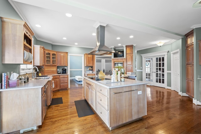 kitchen featuring island exhaust hood, sink, an island with sink, and light hardwood / wood-style flooring