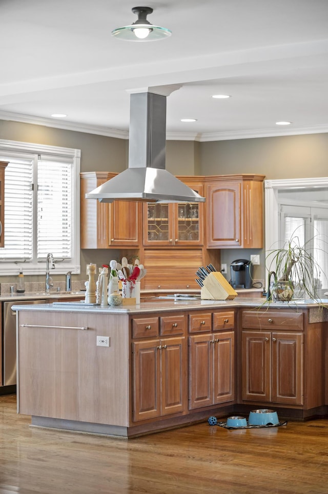 kitchen with crown molding, sink, island range hood, and light hardwood / wood-style flooring