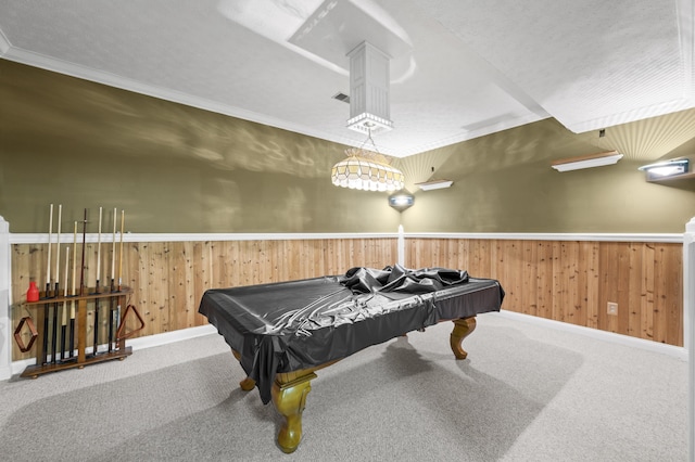 playroom featuring pool table, wood walls, and carpet