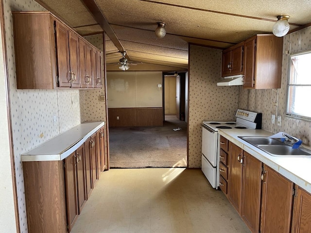 kitchen featuring lofted ceiling, sink, a textured ceiling, electric stove, and ceiling fan