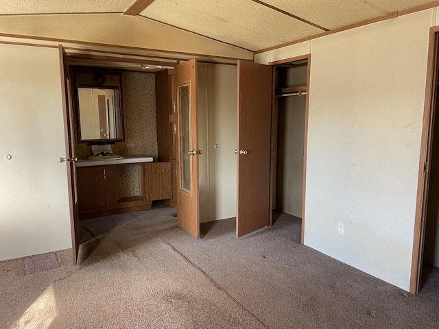 unfurnished bedroom with lofted ceiling, carpet floors, and a closet