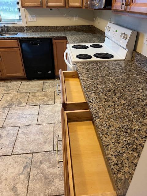 kitchen featuring white electric range oven, dishwasher, sink, and dark stone countertops