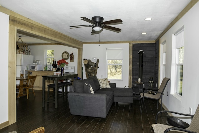 living room with dark wood-type flooring, ceiling fan, and a wood stove