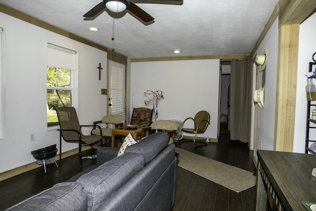 living room with dark hardwood / wood-style flooring and ceiling fan