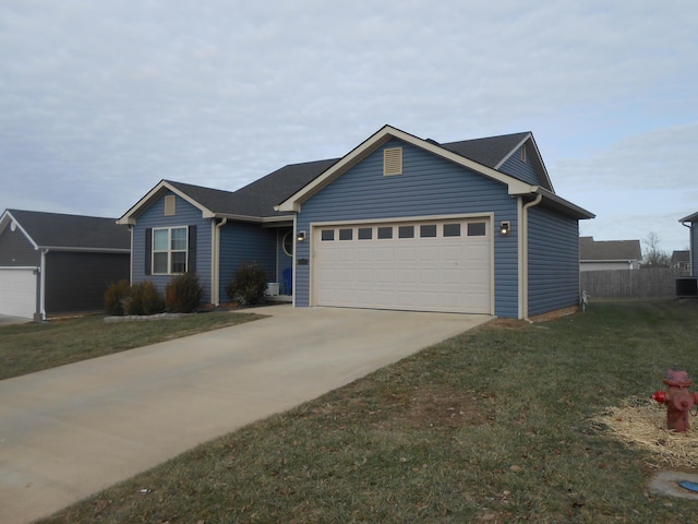 single story home featuring a garage, central AC, and a front yard